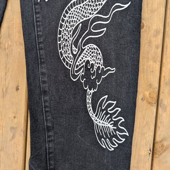 Y2K Aesthetic Black Denim Wide Leg Jeans with White Dragon Graphic Print - Picture 3 of 7